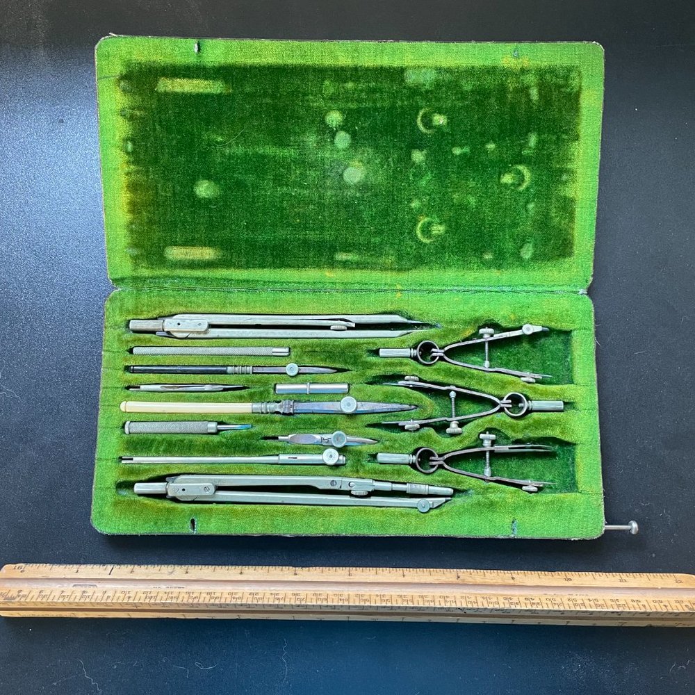 Vintage Drafting Kit Eugene-Dietzgen Co. and triangular Weber drafting ruler